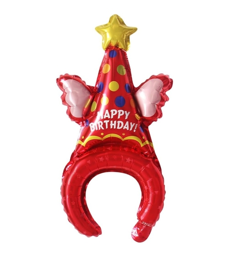 Balon din Folie Metalizata, Flippy, Tip Coronita, Model Palarie de Petrecere, Ambalaj Individual, Pai Inclus, Umflare cu Aer sau Heliu, 31 x 50 cm, Rosu