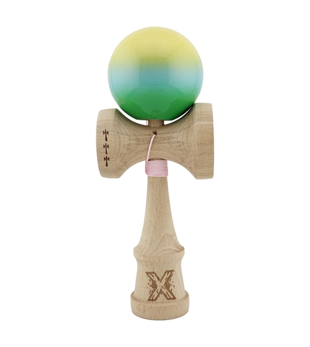 Kendama X Originala, Profesionala, Flippy, Big Cups V2, Super Sticky cu Cupe Mari, din lemn 18 cm, Rulment Metalic cu Ata 55 cm, Galben/Albastru/Verde