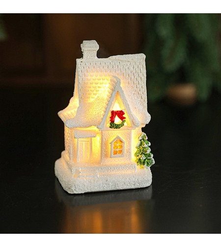 Decoratiune Ornament de Craciun, Flippy, Casuta de Craciun din Rasina, Model Casa Mica Iluminata din Interior, 8.5 x 5 x 4 cm, Alb