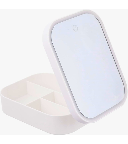 Portfard, Flippy, Geanta Cosmetice, cu Oglinda LED, 3 Moduri de Lumina, Incarcare USB, Baterie 1200 mAh, pentru Organizarea Cosmeticelor, 4 Compartimente, Imitatie Piele, Alb, 16.5x11.5x6 cm