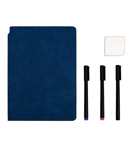 Set Agenda A5 Reutilizabila cu Pagini Tip Tabla, Agenda Pagini Albe cu Stergere Uscata, 3 Markere, 1 Burete și 1 Laveta de sters, Portabila, 24 x 16.5 cm, Coperta Piele, Albastru