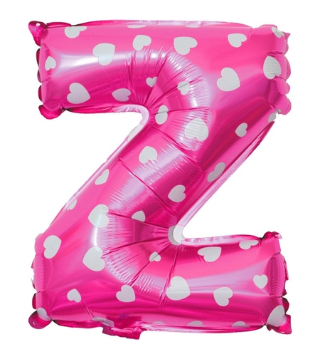 Balon Folie Metalizata Litera Z, Flippy, 40 cm, Cu Imprimeu Inimioare, Umflati cu Heliu sau Aer, Ambalaj Individual, Pai inclus, Roz