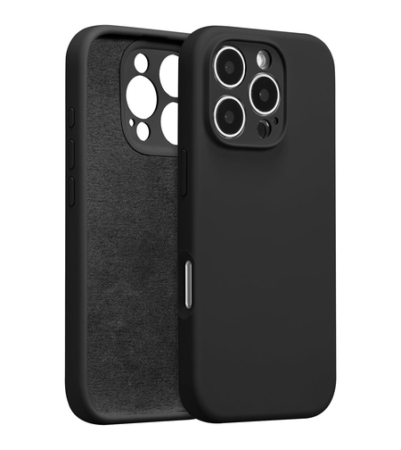 Husa de Protectie, Vafy, pentru iPhone 16 Pro, Liquid Silicone, cu Microfibra pe Interior, Protectie Antisoc, Compatibil Incarcare Wireless, Negru