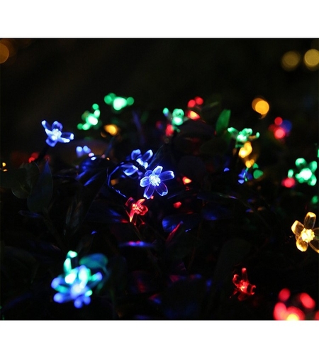 Instalatie Craciun, 5 metri, 20 Becuri LED tip Flori de cires, pentru exterior cu incarcare solara, Multicolor, Vafy