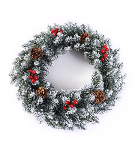 Coronita pentru Craciun Flippy, 60 cm, din brad artificial, decorata cu conuri si merisoare, Alb/Verde