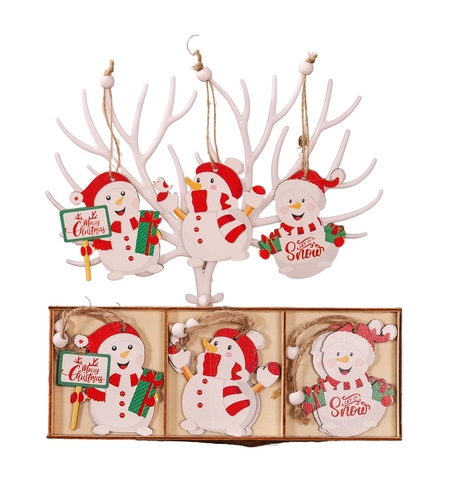 Set 9 Decoratiuni de Craciun din Lemn, Flippy, cu Snur pentru Agatare in Brad, Model Oameni de Zapada, 3 Modele, Diferite Dimensiuni, Multicolor