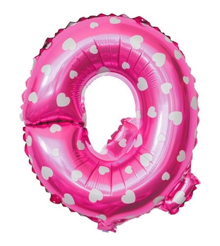 Balon Folie Metalizata Litera Q, Flippy, 40 cm, Cu Imprimeu Inimioare, Umflati cu Heliu sau Aer, Ambalaj Individual, Pai inclus, Roz