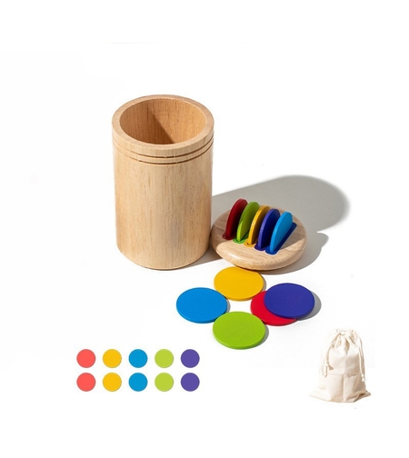 Jucarie Educativa Montessori din Lemn, 13 Piese, Flippy, Sortator cu Discuri Colorate, Joc de Motricitate Fina pentru Copii, Varsta 2+ ani, Saculet Depozitare, 11.3 x 7 cm, Multicolor