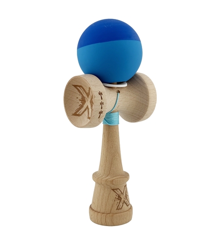 Kendama X Originala, Profesionala, Flippy, Rubber Grip, Cupe Mari KING SIZE V3, Gaura in Baza, Rulment Metalic, din lemn 18 cm, Ata 62/65 cm, Bicolor Albastru/Albastru deschis