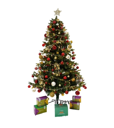 Set brad artificial de Craciun si elemente decorative, decorat cu conuri pin rosii, inaltime 210 cm, diametru 137 cm, 1172 ramuri, Flippy, verde, suport metalic inclus