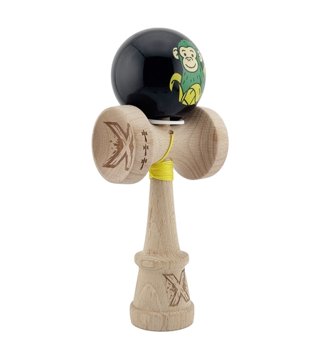 Kendama X Originala, Profesionala, Flippy, Green Monkey, Super Sticky cu Cupe Mari King Size V3, Rulment Metalic si Gaura in Baza, din Lemn 18 cm, Ata 62/65 cm, Negru