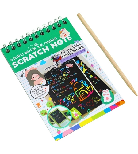 Caiet cu fise razuibile Flippy, DIY Magic Scratch, 12 File, Curcubeu, Creion din Lemn, Cartonase negre, Verde Deschis, 14.2 x 9.8 cm
