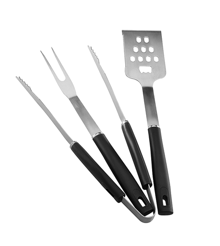 Set 3 ustensile pentru gratar din inox cu maner din lemn, spatula, cleste si furculita