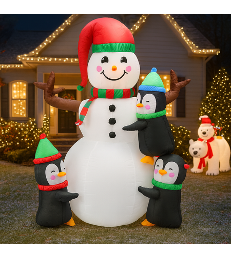 Om de zapada gonflabil de exterior, cu pinguini si iluminare LED, 190 cm, compresor integrat, alb