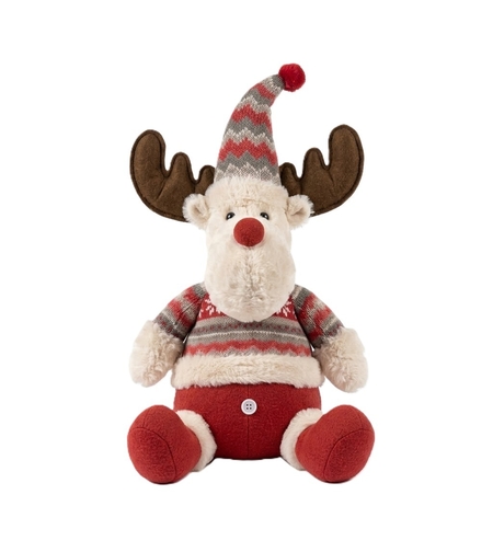 Ren De Plus Festiv, Flippy, Ren cu Nas Rosu si Pulover, Decoratiune De Craciun, Ornament De Pus Pe Polita Sau Sub Brad, 38 cm, Multicolor