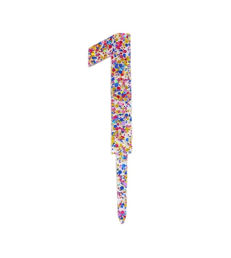 Decoratiune Topper pentru Tort, Flippy, din Acrilic cu Fulgi de Sclipici, Model Cifra 1, Inaltime 18.5 cm, Transparent Multicolor