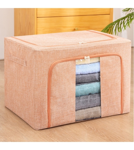 Cutie de Depozitare Pliabila, Flippy, 66 L, din Bumbac si In, 50x40x33 cm, Fereastra Frontala, 2 Usi de Acces cu Fermoar Bidirectional, Cadru Metalic, Suport Baza Stabil din Plastic, Roz Pudrat