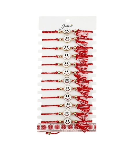 Martisor Bratara cu Ciucure pentru Dama, Jolie, Model Fata Zambitoare, Set 12 bucati, Pandativ din Inox, Snur Reglabil, Rosu/Alb
