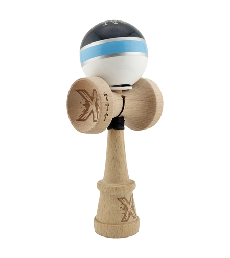 Kendama X Originala ROYAL SPIKE, Profesionala, Flippy, Cupe Mari KING SIZE V3, Super Sticky, Gaura in Baza, Rulment Metalic, din lemn 18 cm, Ata 62/65 cm, Inel Albastru deschis