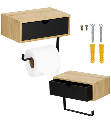 Suport hartie igienica din otel cu sertar depozitare, sistem montare inclus, 22cm, negru bej