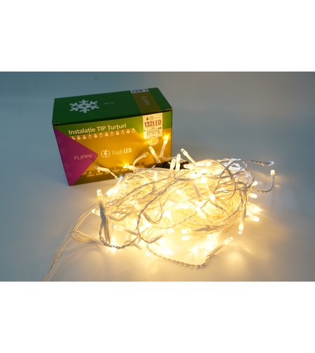 Instalatie de Craciun Flippy® Tip Turturi, Franjuri cu Flash, Sectiune 4 m, 132 LED-uri, Interconectabila, Fir Alb, Alb Cald
