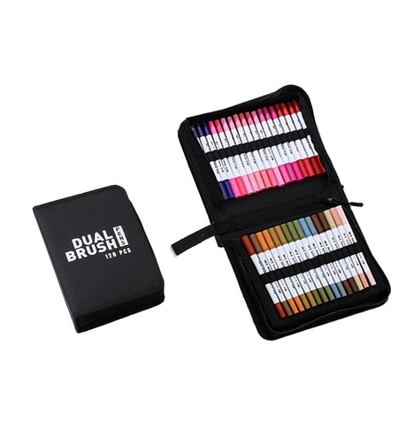 Set Carioci pe Baza de Apa, Flippy, 2 in 1, pentru Pictura, Caligrafie, 120 Culori, Penar Negru, Corp Carioca Alb, 27.5 x 19.5 x 8 cm, Multicolor