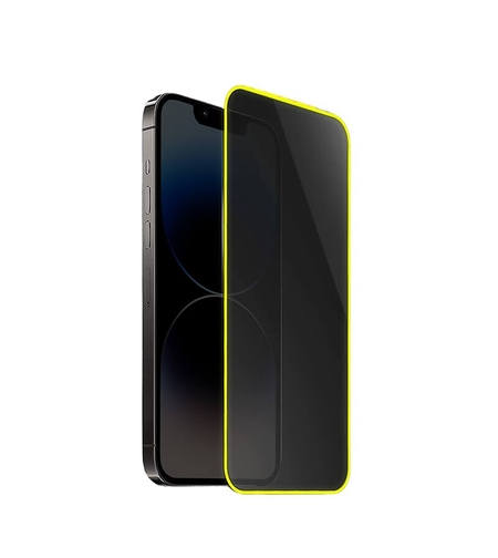 Folie de Sticla Securizata pentru Apple iPhone 15 Pro Max, Flippy, Luminous, Margine Fosforescenta Neon din Silicon, Mat, Anti-Amprenta, Protectie Completa, 9H, Galben