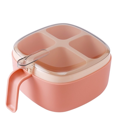 Recipient pentru condimente Flippy, 4 casute, potrivit pentru sare, cimbru, piper, condimente, 4 lingurite din plastic, capac din plastic, maner, 14x14x8 cm, roz