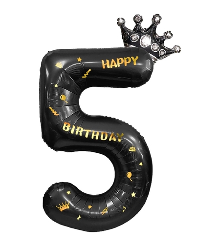 Balon din Folie Metalizata Flippy, Figurina Cifra si Coroana, Scris Happy Birthday, Tema Aniversare 100 cm, Ambalaj Individual, Pai inclus, Umflare cu Aer sau Heliu, Negru, Cifra 5