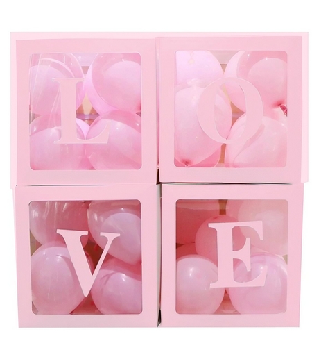 Set 4 Cutii pentru Baloane, Flippy, Model Scris Love, Tematica Iubire, Cuburi Decorative din Plastic, Accesorii pentru Petrecere, 30 x30 cm, Transparente Contur Roz