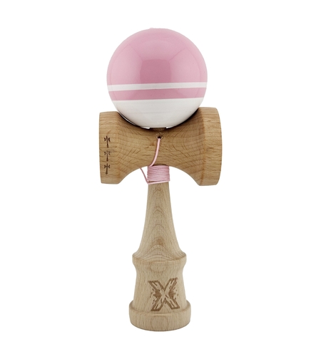 Kendama X Originala, Profesionala, Flippy, Big Cups V2, Super Sticky cu Cupe Mari, din lemn 18 cm, Rulment Metalic cu Ata 55 cm, Roz/Alb
