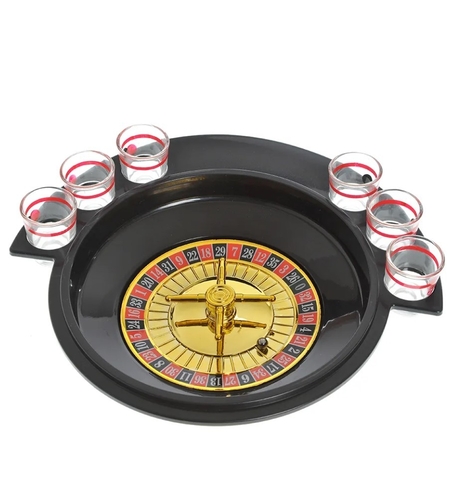 Joc de Baut Ruleta Flippy, cu 6 Pahare de Shot din Sticla , 30 x 26.5 x 6.5 cm, Rosu/Negru