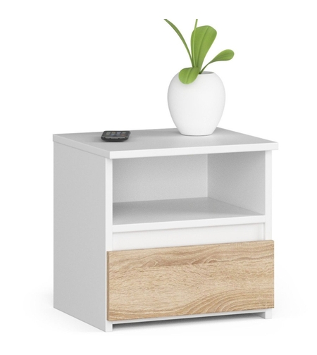 Noptiera cu 1 sertar, PAL laminat 16mm, 40x35x40 cm, alb si stejar sonoma