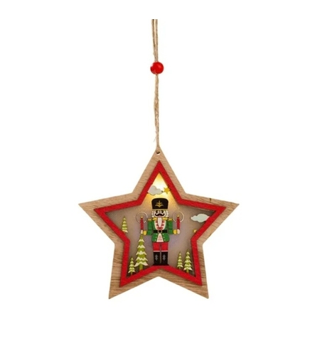 Ornament de Brad, Flippy, cu Lumini LED, din Lemn, Figurina Spargatorul de Nuci, Model Stea, Multicolor