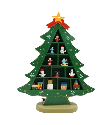 Decoratiune Craciun, Brad, Verde, 5 cavitati cu ornamente, 22 cm x 29 cm, Lemn, Flippy