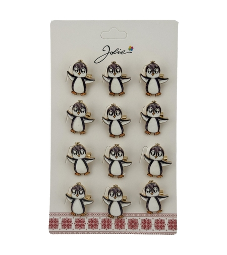 Set 12 Brose Martisor cu Pinguin Copii, Jolie, Brose din Metal, Aspect Lacuit, 2,5 x 3 cm per Unitate, Alb