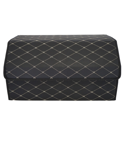 Cutie de Depozitare Auto, Flippy, Organizator Premium Portbagaj, Geanta Multifunctionala, Piele Ecologica, Pliabil si Rezistent la Uzura, 2 Compartimente Depozitare, Pliabil si Rezistent la Uzura, Negru/Alb, 55 x 30 x 30cm
