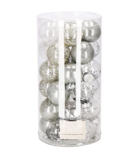 Set globuri de Craciun Inedit, 30 bucati, 6cm, transparente si argintiu