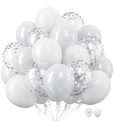 Set 10 Baloane din Latex, Flippy, Model Party, 30 cm, 5x Alb, 5x Transparent Confetti, 2.8 g