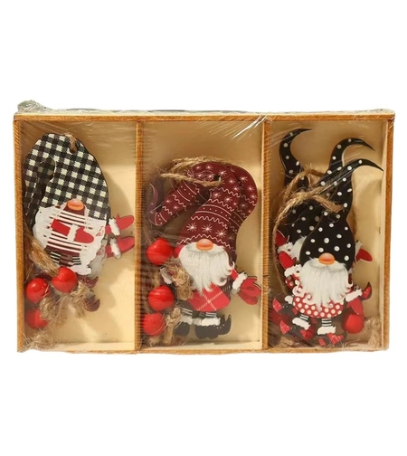 Set 9 Decoratiuni de Craciun din Lemn, Flippy, cu Snur pentru Agatare in Brad, Model Mos Craciun Diferite Dimensiuni, 3 Modele, Multicolor