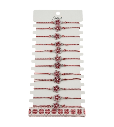 Bratara Martisor pentru Dama, Jolie, Model Floare, Set 12 bucati, Pandativ din Aliaj cu Print Traditional, Snur Ajustabil Impletit, Alb/Rosu