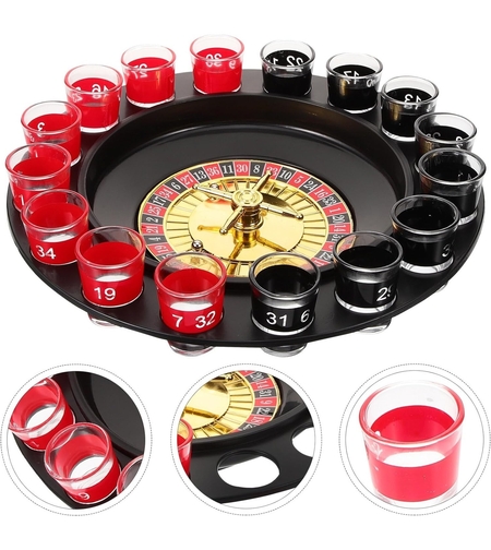 Joc de Ruleta Flippy, cu Pahare de Shot si Plansa de Joc Blackjack, 31 cm, Rosu-Negru