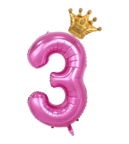 Balon din Folie Metalizata Flippy, Figurina Cifra si Coroana, Tema Aniversare 100 cm, Ambalaj Individual, Pai inclus, Umflare cu Aer sau Heliu, Roz, Cifra 3