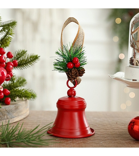 Clopot decorativ pentru Brad Craciun, Flippy, Clopot din Metal cu Funda si Crenguta de Brad pentru Decoratiune de Craciun, 10 x 8 x 8 cm, Rosu