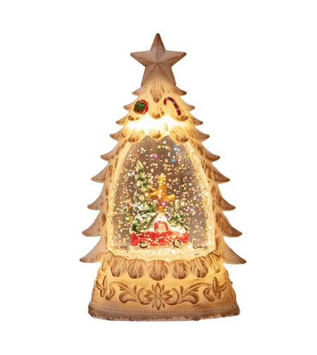 Decoratiune de Craciun tip Brad, Flippy, Glob de Cristal cu Fulgi de Zapada, Model Masinuta cu Brad, Iluminare LED, 16 x 9 x 5 cm, Carcasa Vintage Bej, Transparent