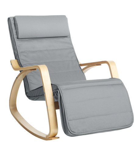 SONGMICS Scaun balansoar din lemn, suport picioare reglabil, maxim 150kg, 67x115x91cm, gri deschis
