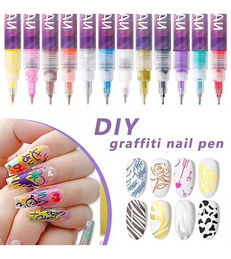Kit Nail Art, Flippy, Set 12 Markere Acrilice Pentru Unghii, Varf Ultra Fin 0.5 mm, 13 x 10 cm, Multicolor