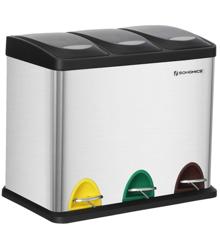 SONGMICS Cos de gunoi din inox cu 3 compartimente colectare selectiva, cu galeti interioare, 3x8litri, argintiu si negru