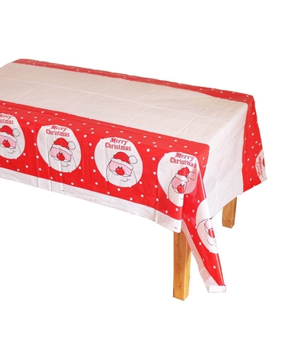Fata de masa dreptunghiulara Flippy, PVC, 2.5 mm grosime, imprimeu Mos Craciun model 2, potrivit pentru Craciun, utilizare multipla, 180 x 108 cm, alb