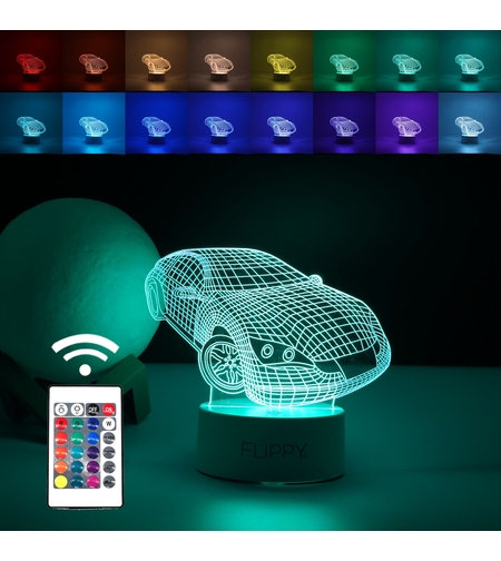 Lampa LED decorativa, Flippy, 3D, Masina Sport, doua moduri de alimentare USB si baterii, 20 cm inaltime, din material acril si lumina multicolora, alb